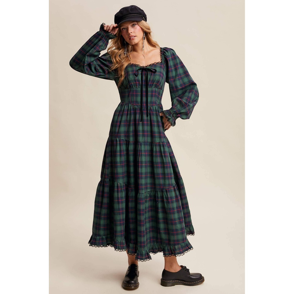 Listicle Green Tartan Plaid Milkmaid Maxi Dress Lace Trim Smocked Tiered Medium